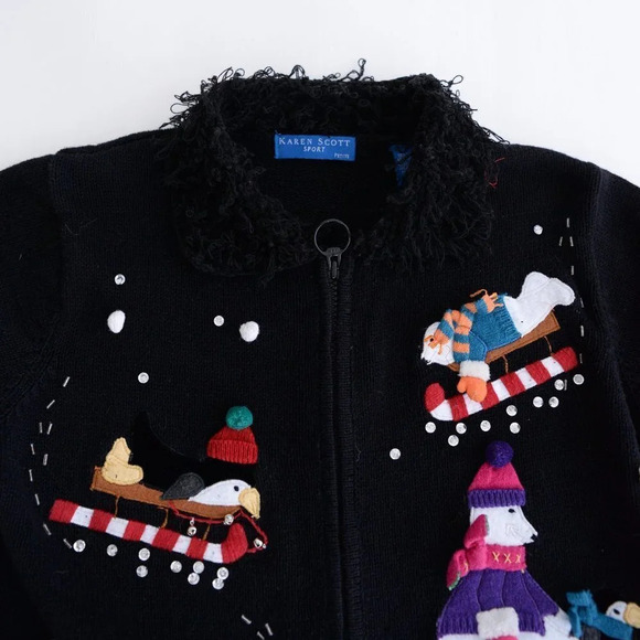 Vintage Karen Scott Sport  Petite Black Christmas Cardigan Petite Small - Picture 13 of 13